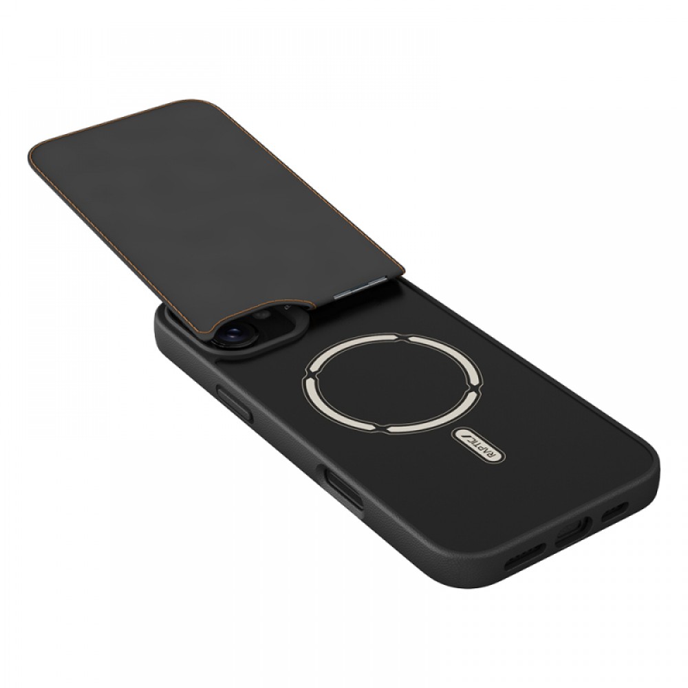 iPhone 16 Plus Raptic Slim Wallet MagSafe uyumlu deri görünümlü kartlıklı entegre standlı koruyucu telefon kılıfı