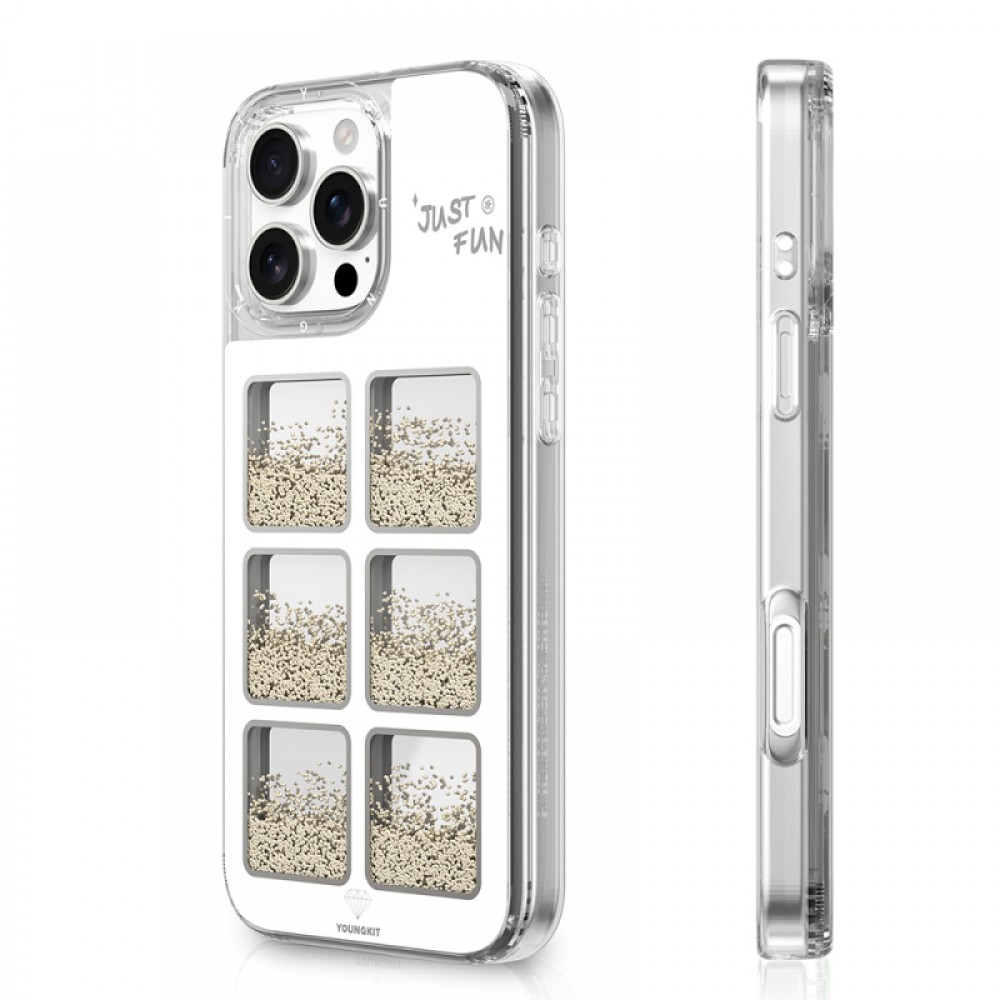 iPhone 16 Pro Max Youngkit Spirit serisi aynalı ve hareketli boncuklu tasarımlı 2 metre düşme korumalı şık telefon kılıfı