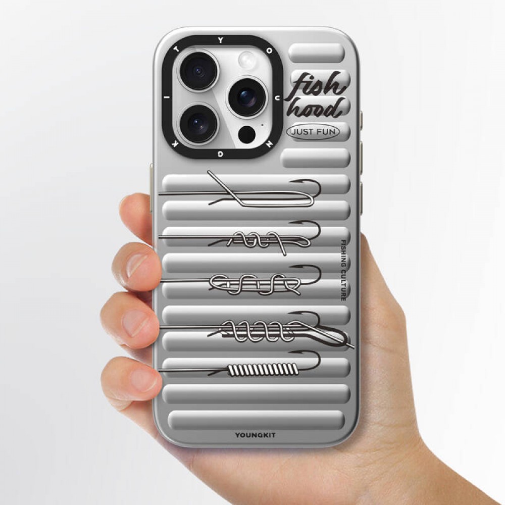 iPhone 14 Pro Youngkit Fishing serisi MagSafe uyumlu olta kancası desenli bavul tasarımlı 500+ düşme testli tam koruma sağlayan şık telefon kılıfı