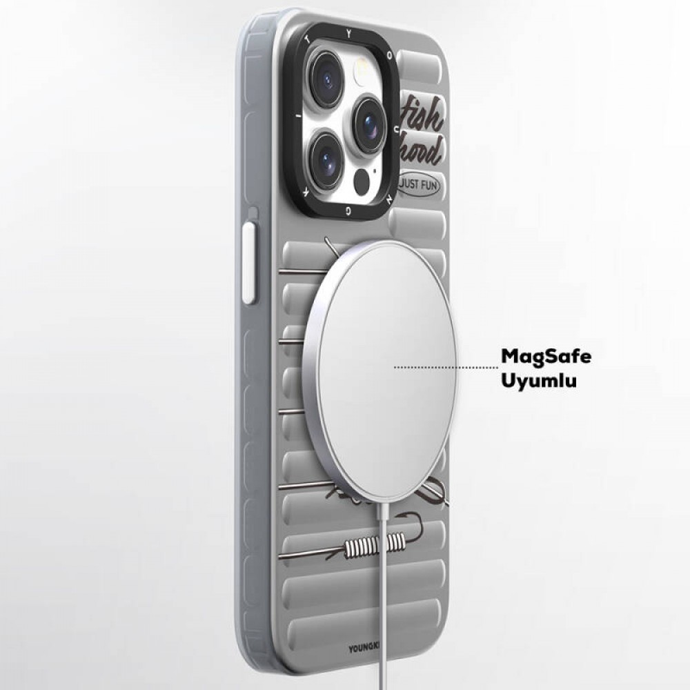 iPhone 14 Pro Youngkit Fishing serisi MagSafe uyumlu olta kancası desenli bavul tasarımlı 500+ düşme testli tam koruma sağlayan şık telefon kılıfı