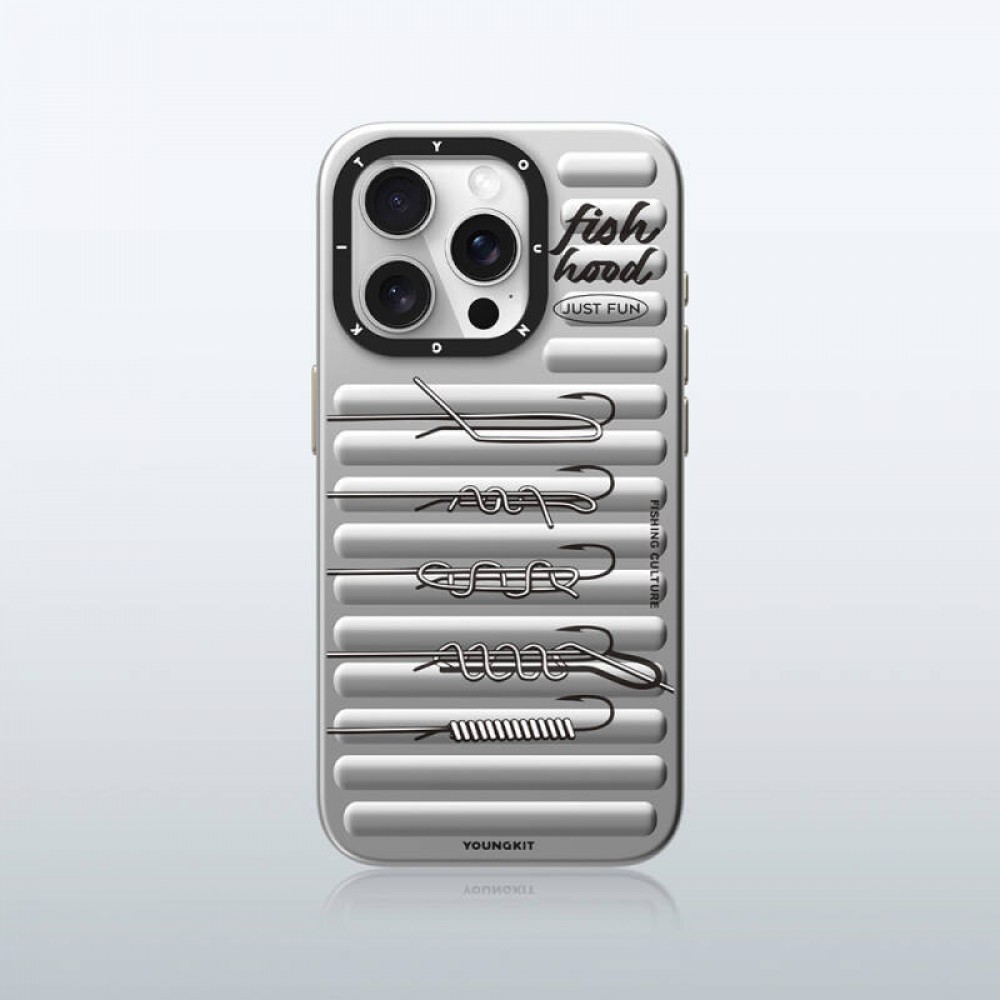 iPhone 14 Pro Youngkit Fishing serisi MagSafe uyumlu olta kancası desenli bavul tasarımlı 500+ düşme testli tam koruma sağlayan şık telefon kılıfı