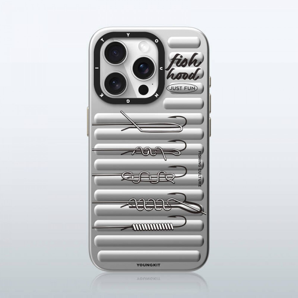 iPhone 14 Pro Youngkit Fishing serisi MagSafe uyumlu olta kancası desenli bavul tasarımlı 500+ düşme testli tam koruma sağlayan şık telefon kılıfı