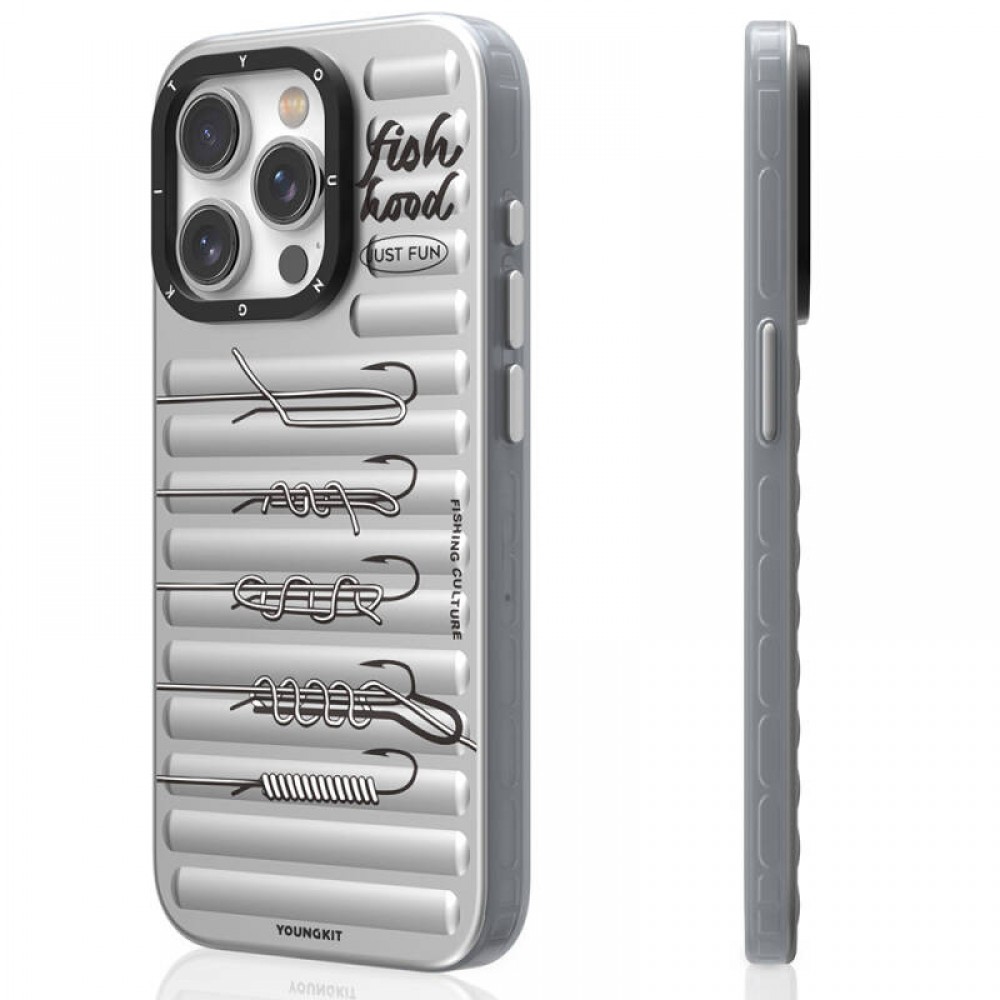 iPhone 14 Pro Youngkit Fishing serisi MagSafe uyumlu olta kancası desenli bavul tasarımlı 500+ düşme testli tam koruma sağlayan şık telefon kılıfı