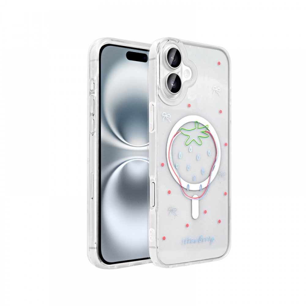 iPhone 16 Zore Folk serisi MagSafe uyumlu sert PC malzemeden üretilmiş holografik desenli sevimli figürlü şeffaf telefon kılıfı