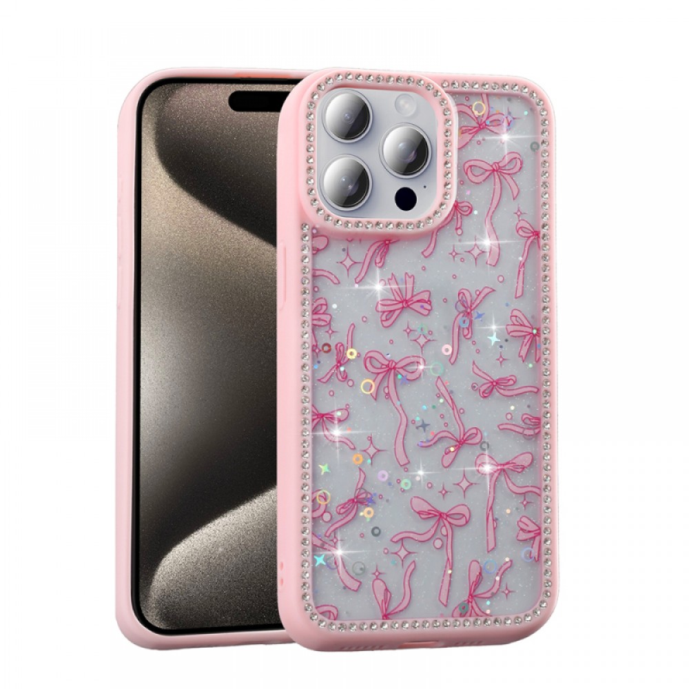 iPhone 15 Pro Zore Azra serisi taşlı çerçeveli simli fiyonk yıldız kelebek desenli parlak silikon kenarlı lüks koruyucu telefon kılıfı