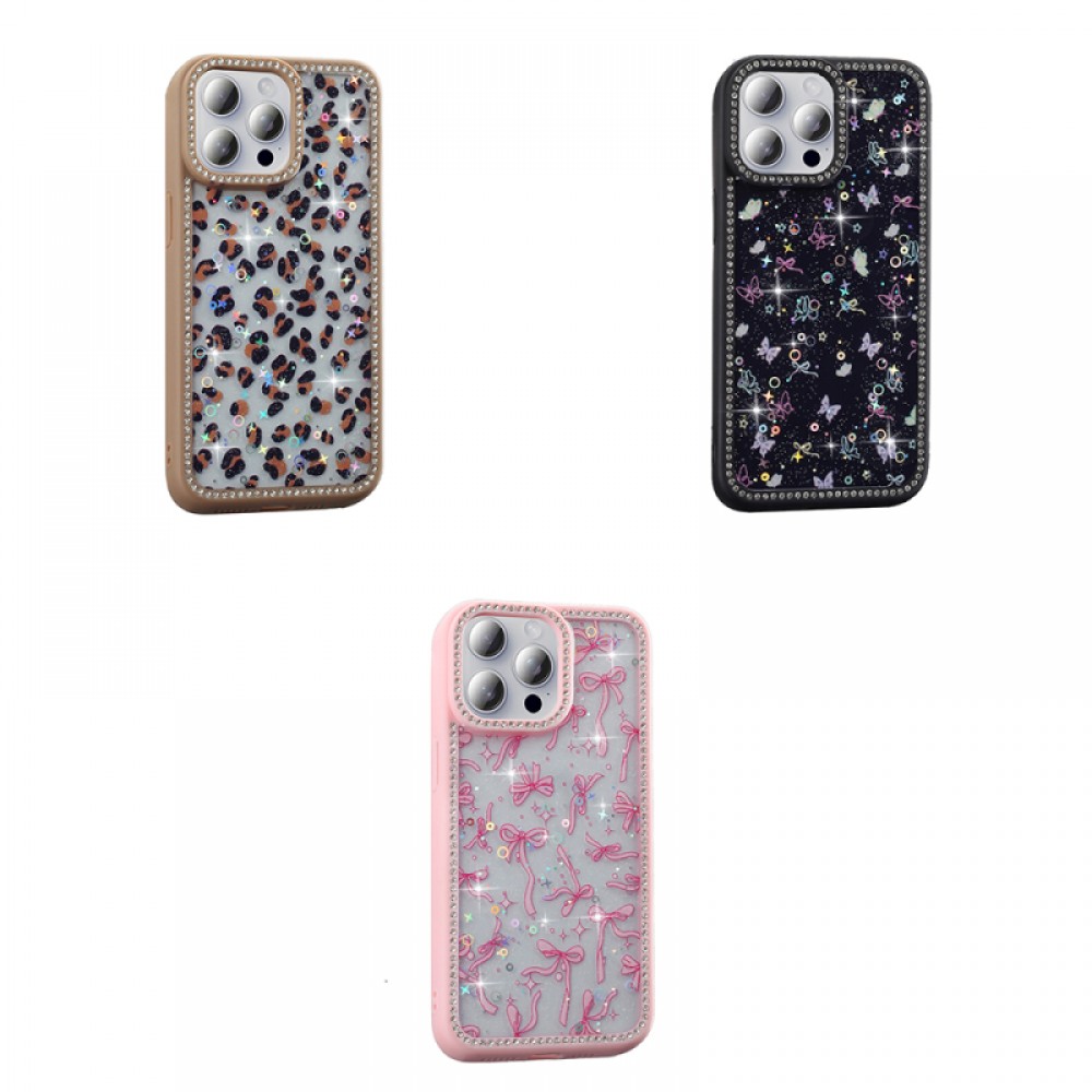 iPhone 15 Pro Zore Azra serisi taşlı çerçeveli simli fiyonk yıldız kelebek desenli parlak silikon kenarlı lüks koruyucu telefon kılıfı