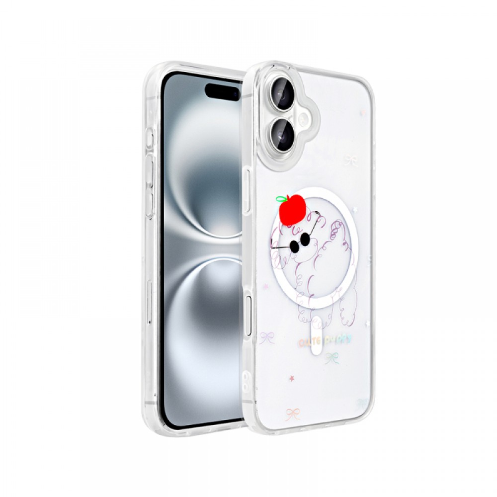 iPhone 16 Zore Folk serisi MagSafe uyumlu sert PC malzemeden üretilmiş holografik desenli sevimli figürlü şeffaf telefon kılıfı