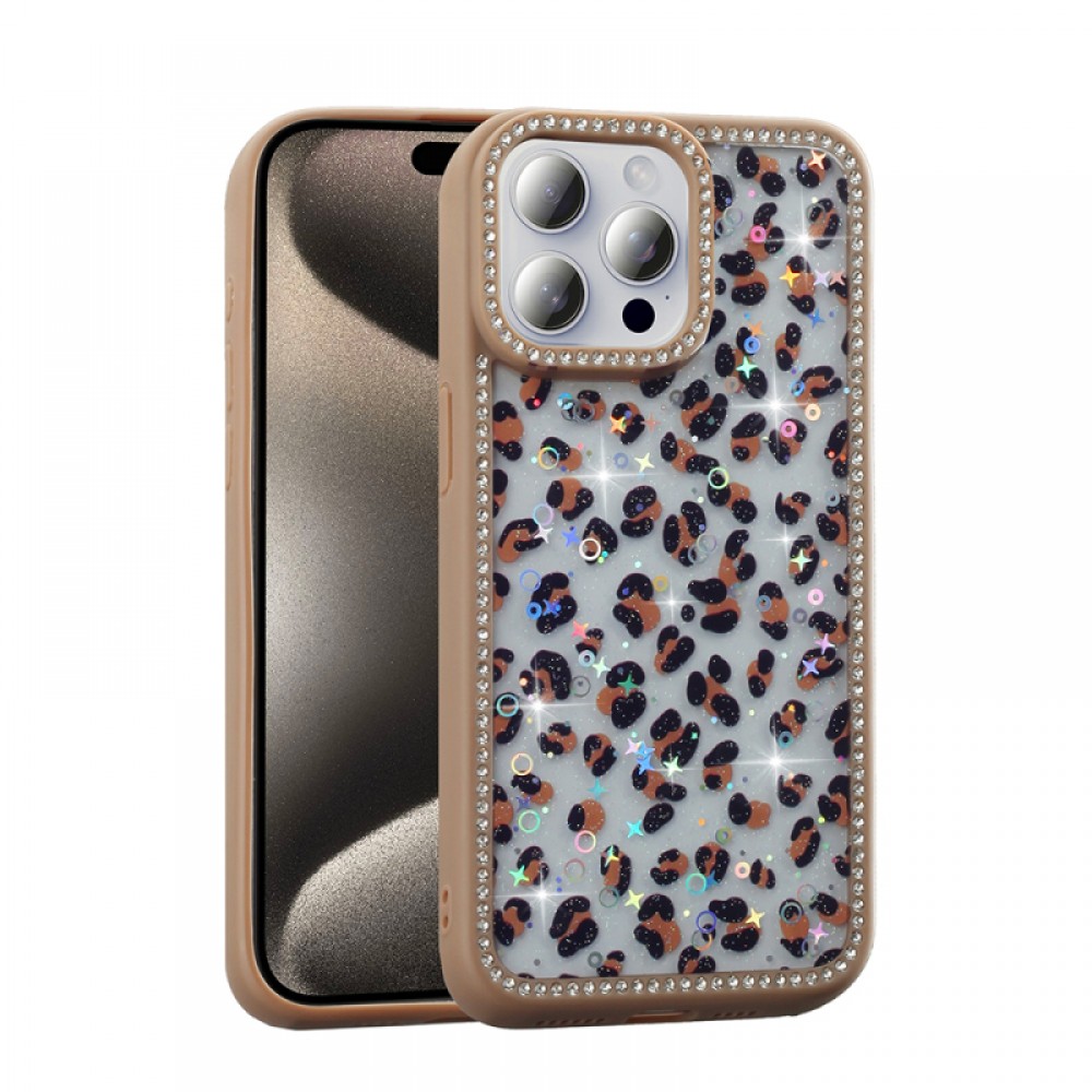 iPhone 15 Pro Zore Azra serisi taşlı çerçeveli simli fiyonk yıldız kelebek desenli parlak silikon kenarlı lüks koruyucu telefon kılıfı