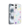 iPhone 16 Zore Folk serisi MagSafe uyumlu sert PC malzemeden üretilmiş holografik desenli sevimli figürlü şeffaf telefon kılıfı