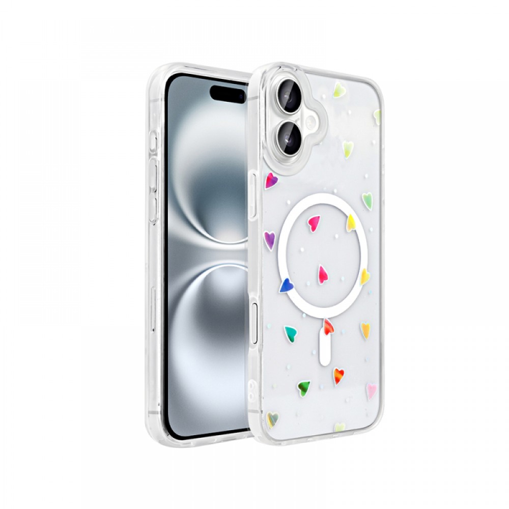 iPhone 16 Zore Folk serisi MagSafe uyumlu sert PC malzemeden üretilmiş holografik desenli sevimli figürlü şeffaf telefon kılıfı