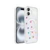 iPhone 16 Zore Folk serisi MagSafe uyumlu sert PC malzemeden üretilmiş holografik desenli sevimli figürlü şeffaf telefon kılıfı