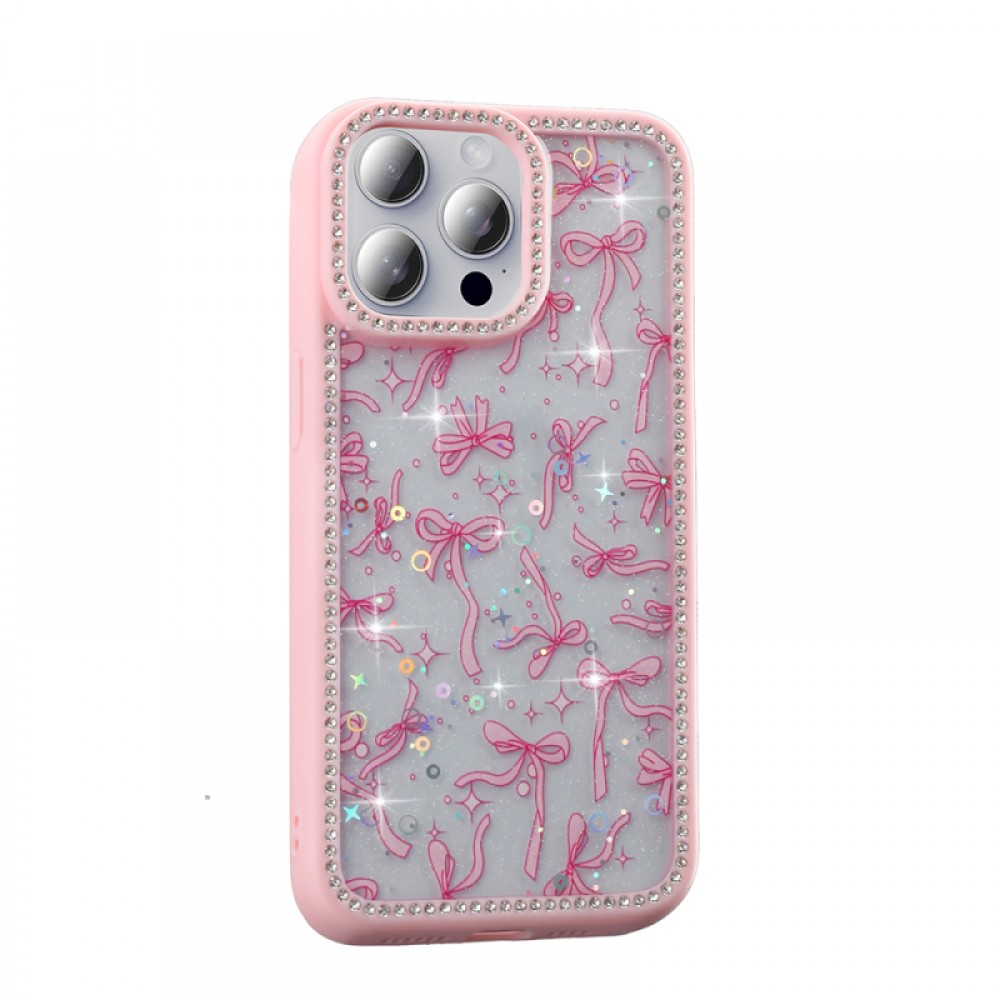 iPhone 15 Pro Zore Azra serisi taşlı çerçeveli simli fiyonk yıldız kelebek desenli parlak silikon kenarlı lüks koruyucu telefon kılıfı