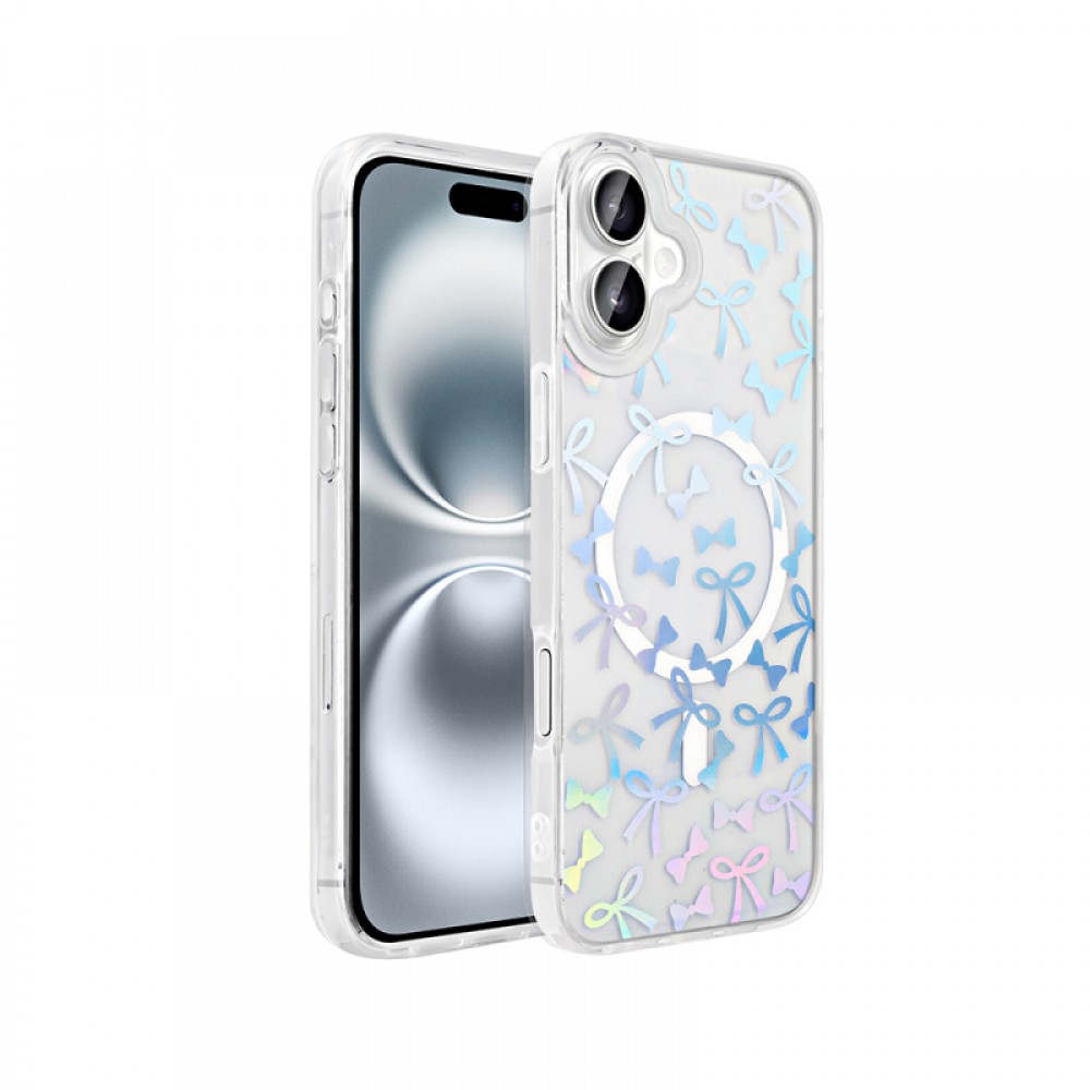 iPhone 16 Zore Folk serisi MagSafe uyumlu sert PC malzemeden üretilmiş holografik desenli sevimli figürlü şeffaf telefon kılıfı
