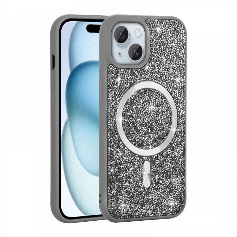 iPhone 15 Plus Zore Mozaik serisi MagSafe uyumlu pırlanta taş detaylı esnek silikon malzemeden üretilmiş lüks koruyucu telefon kılıfı