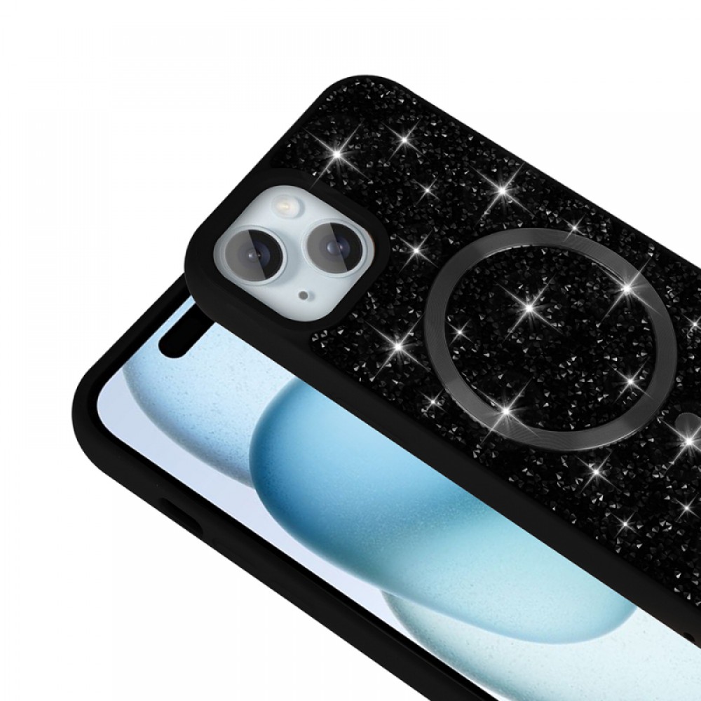 iPhone 15 Plus Zore Mozaik serisi MagSafe uyumlu pırlanta taş detaylı esnek silikon malzemeden üretilmiş lüks koruyucu telefon kılıfı