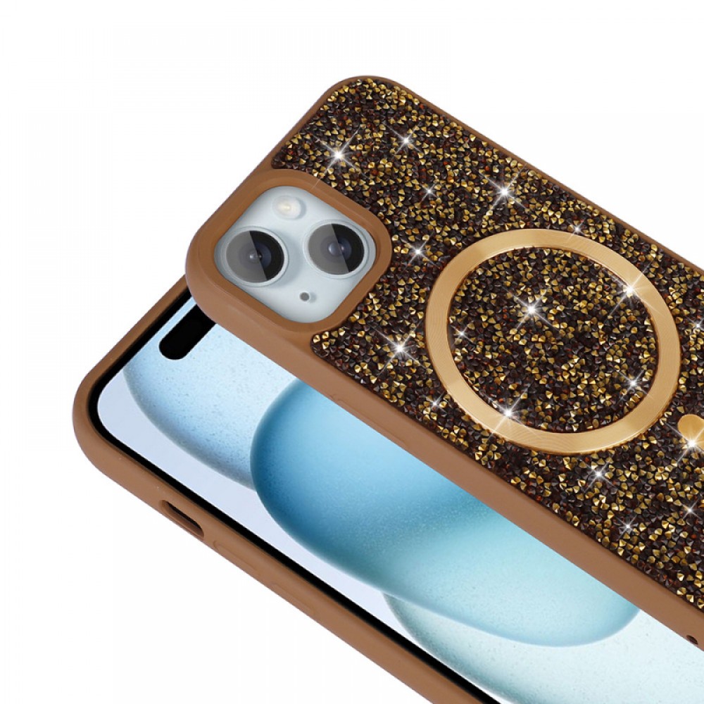 iPhone 15 Plus Zore Mozaik serisi MagSafe uyumlu pırlanta taş detaylı esnek silikon malzemeden üretilmiş lüks koruyucu telefon kılıfı