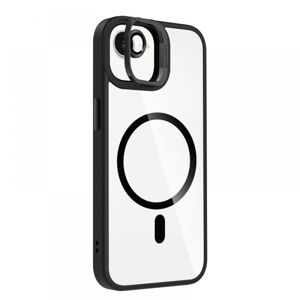 iPhone 16E Zore Etro MagSafe uyumlu entegre standlı kamera lens hediyeli şeffaf TPU PC hibrid koruyucu telefon kılıfı