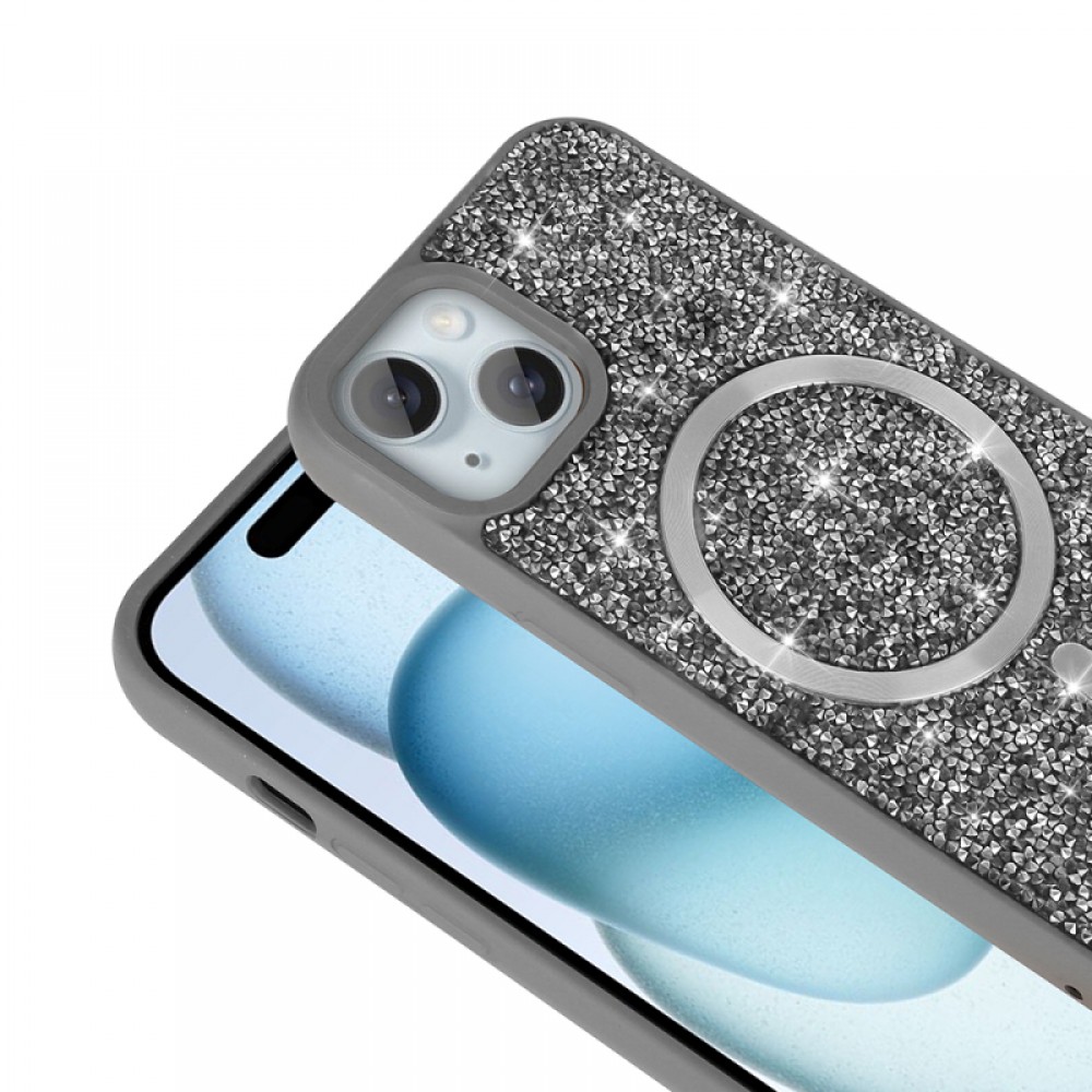 iPhone 15 Plus Zore Mozaik serisi MagSafe uyumlu pırlanta taş detaylı esnek silikon malzemeden üretilmiş lüks koruyucu telefon kılıfı