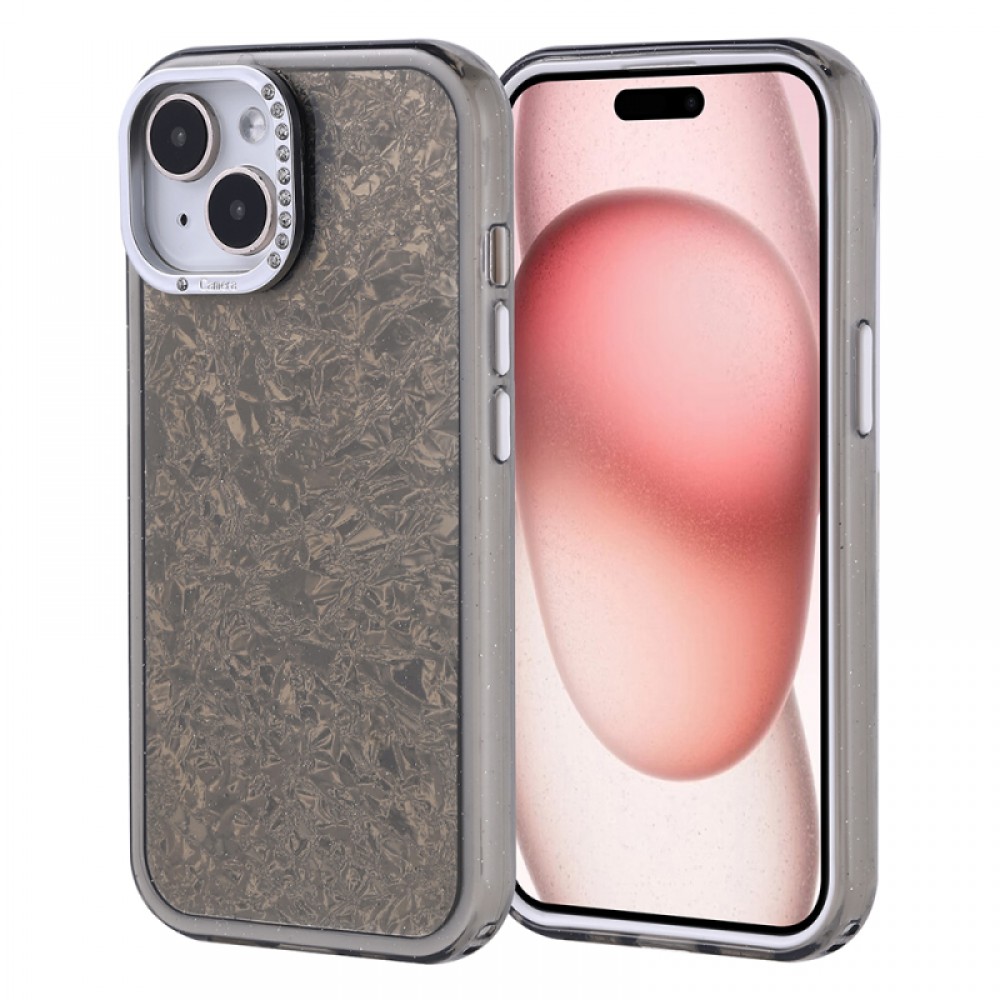 iPhone 15 Zore Kapi serisi taşlı kamera çerçeveli kırık cam efektli parlak TPU ve PC hibrit koruyucu telefon kılıfı