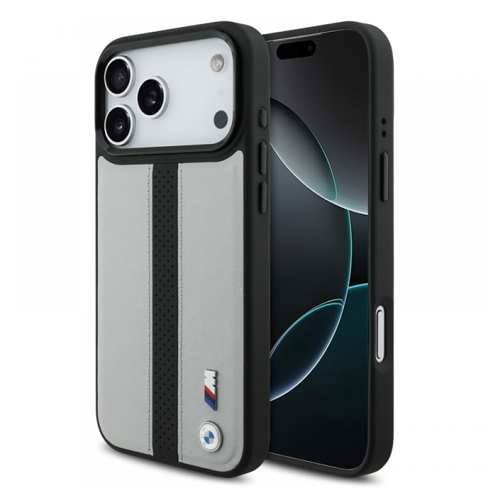 iPhone 17 Pro BMW orijinal lisanslı MagSafe uyumlu deri arka yüzeyli metal logolu delikli şerit tasarımlı telefon kılıfı