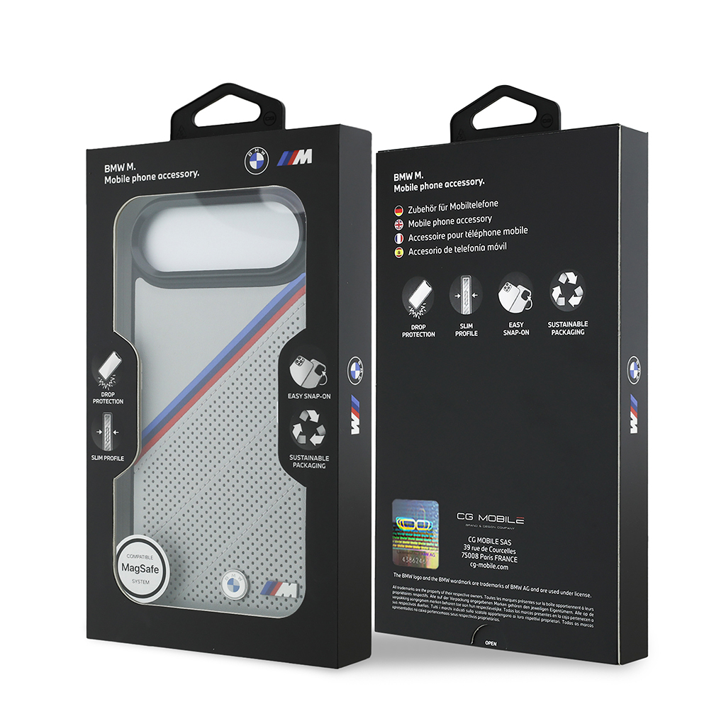 iPhone 17 Air BMW orijinal lisanslı MagSafe uyumlu M logolu üç şeritli delikli deri tasarımlı sportif telefon kılıfı