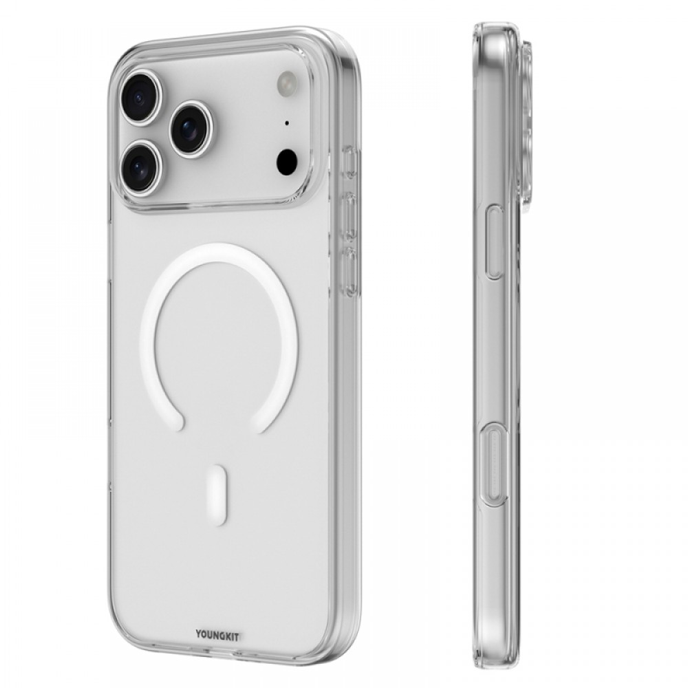 iPhone 17 Pro Max MagSafe uyumlu Youngkit Clear serisi şeffaf mat arka yüzeyli renkli çerçeveli telefon kılıfı