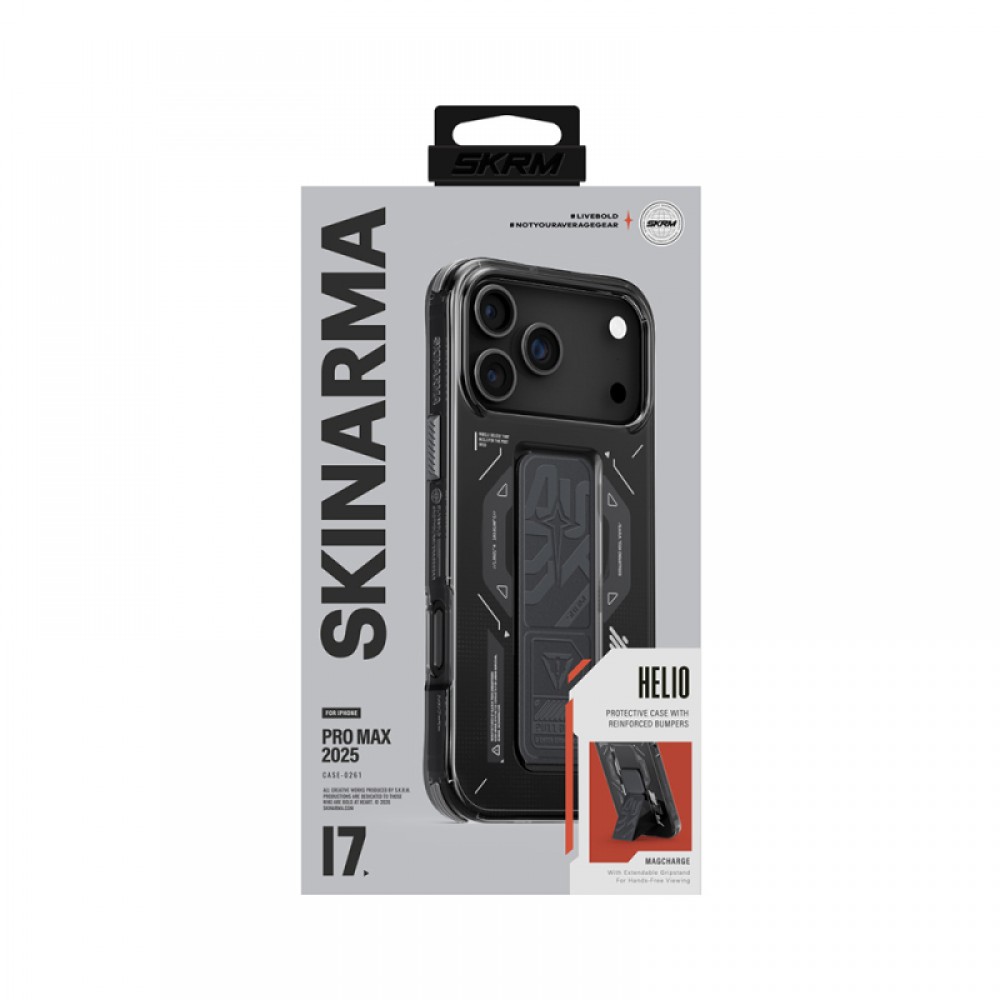 iPhone 17 Pro Max MagSafe uyumlu Skinarma Helio teknoloji desenli entegre standlı telefon kılıfı