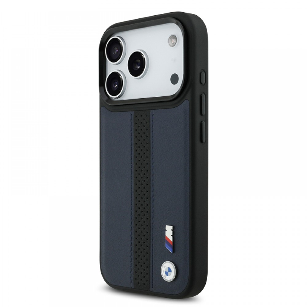 iPhone 17 Pro BMW orijinal lisanslı MagSafe uyumlu deri arka yüzeyli metal logolu delikli şerit tasarımlı telefon kılıfı