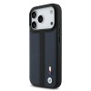 iPhone 17 Pro BMW orijinal lisanslı MagSafe uyumlu deri arka yüzeyli metal logolu delikli şerit tasarımlı telefon kılıfı