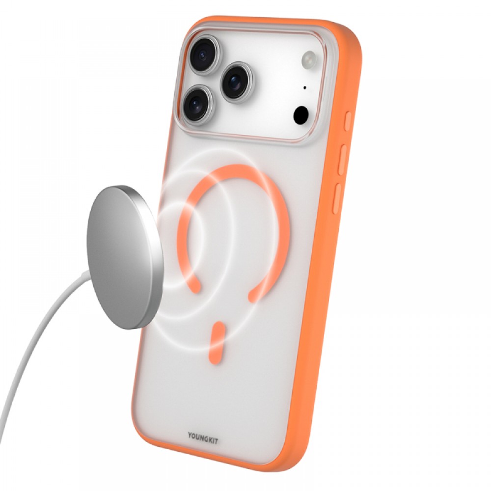 iPhone 17 Pro Max MagSafe uyumlu Youngkit Clear serisi şeffaf mat arka yüzeyli renkli çerçeveli telefon kılıfı