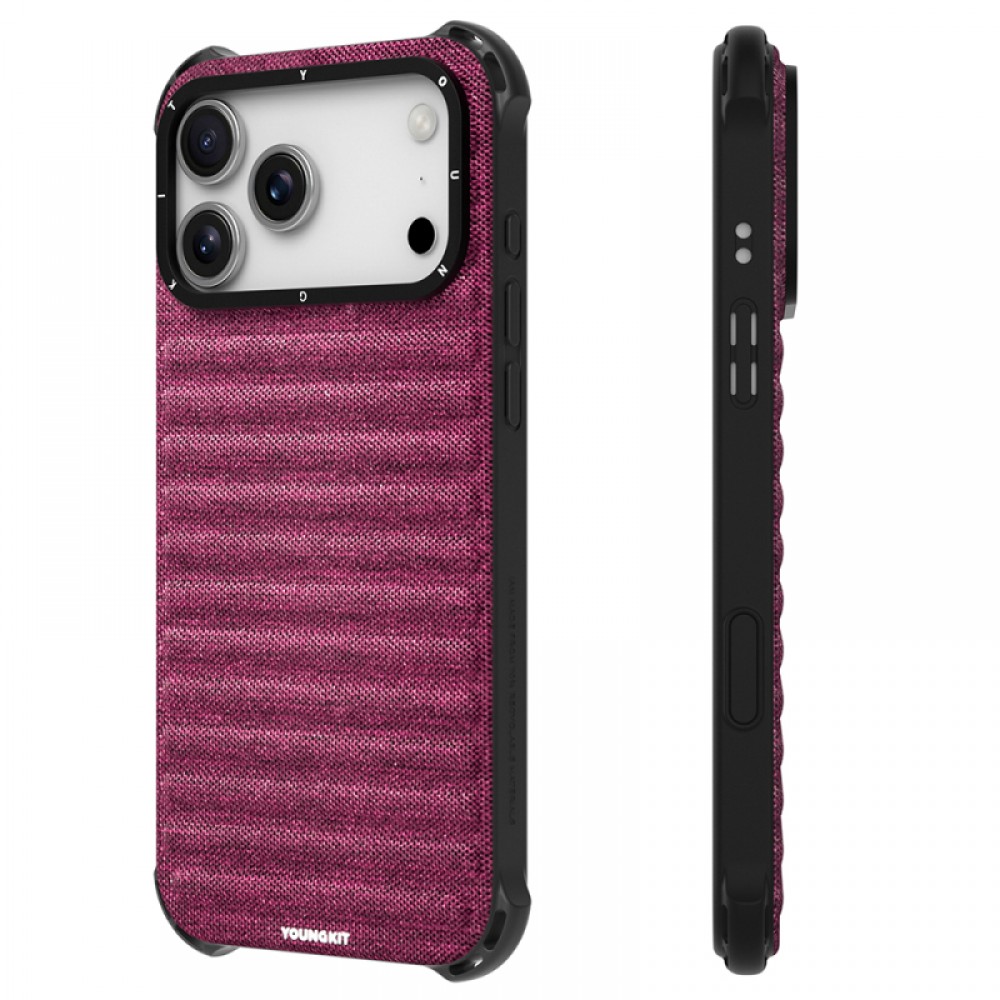 iPhone 17 Pro Youngkit Canvas serisi MagSafe uyumlu modern kumaş dokulu darbeye dayanıklı telefon kılıfı