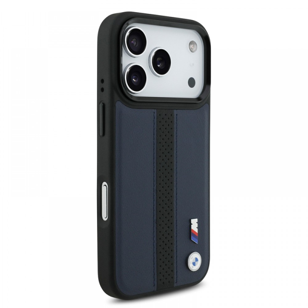 iPhone 17 Pro BMW orijinal lisanslı MagSafe uyumlu deri arka yüzeyli metal logolu delikli şerit tasarımlı telefon kılıfı