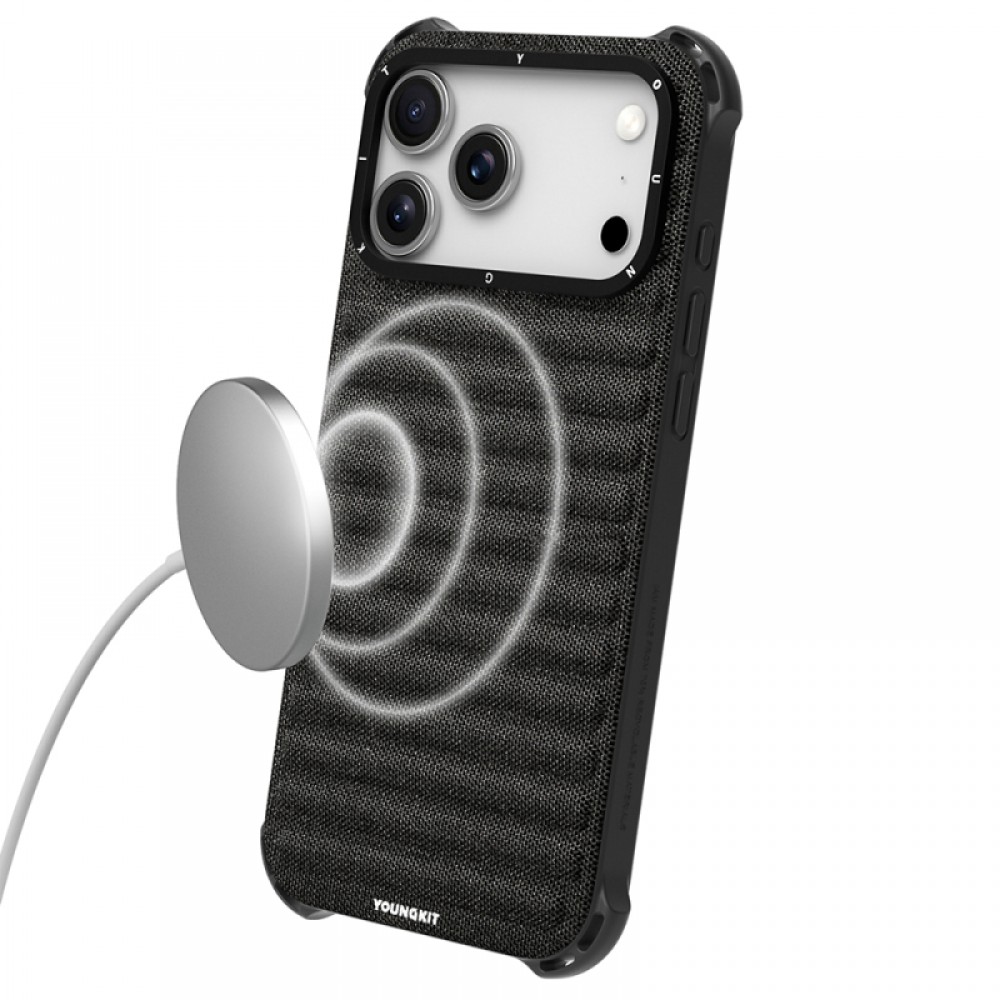 iPhone 17 Pro Youngkit Canvas serisi MagSafe uyumlu modern kumaş dokulu darbeye dayanıklı telefon kılıfı