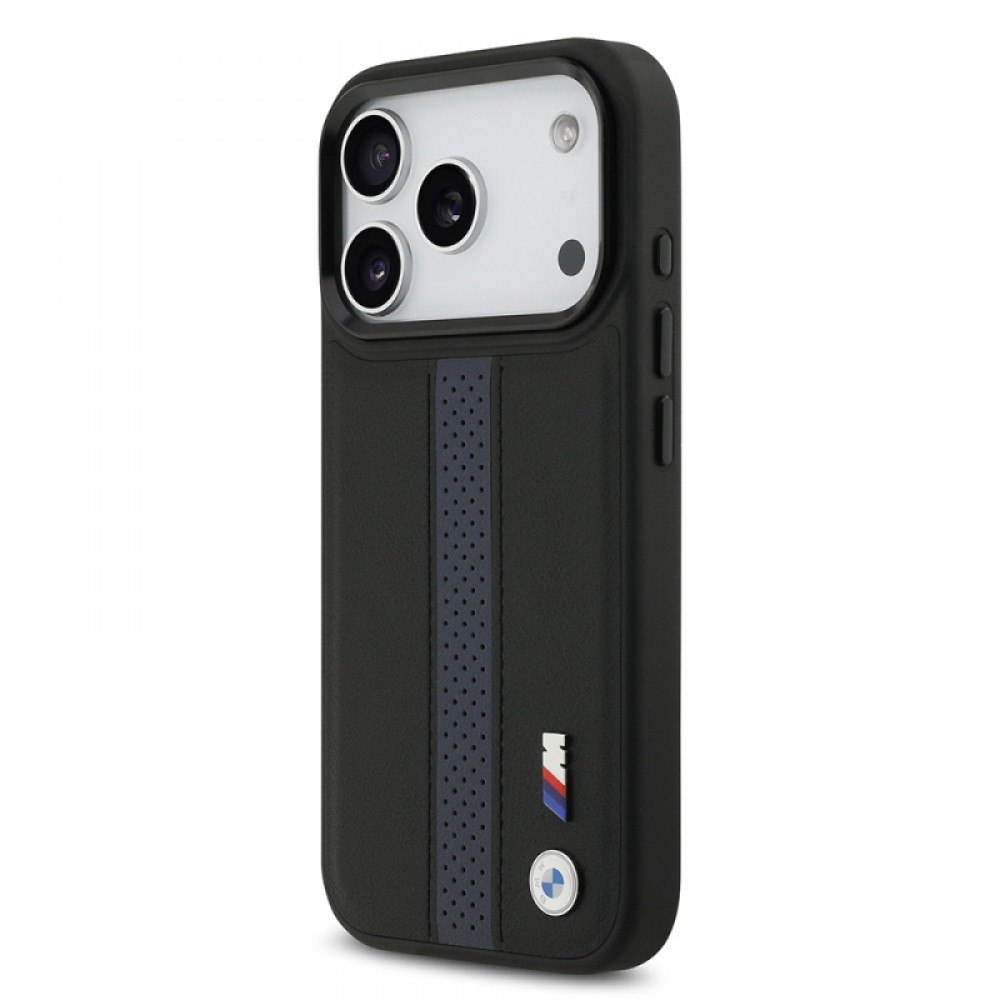 iPhone 17 Pro BMW orijinal lisanslı MagSafe uyumlu deri arka yüzeyli metal logolu delikli şerit tasarımlı telefon kılıfı