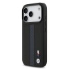 iPhone 17 Pro BMW orijinal lisanslı MagSafe uyumlu deri arka yüzeyli metal logolu delikli şerit tasarımlı telefon kılıfı