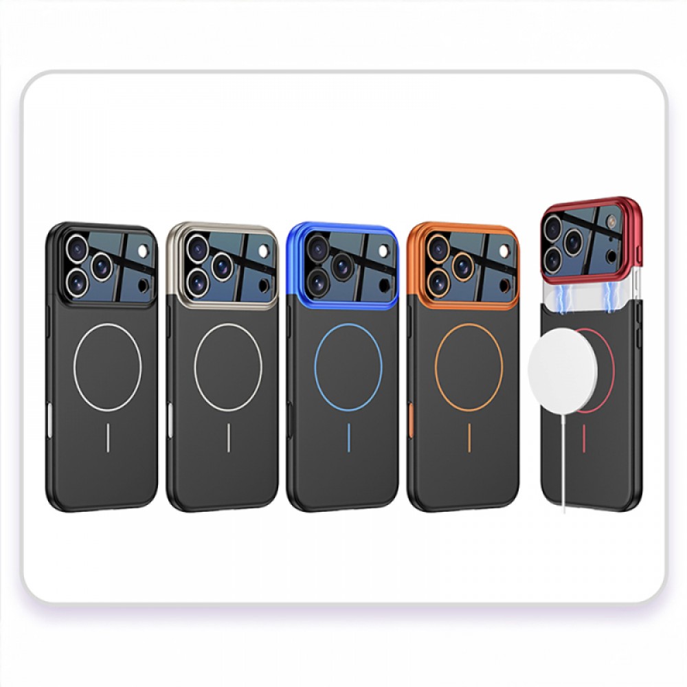 iPhone 17 Pro MagSafe uyumlu çift parçalı kayar lens korumalı renkli çerçeveli Zore Napoli telefon kılıfı