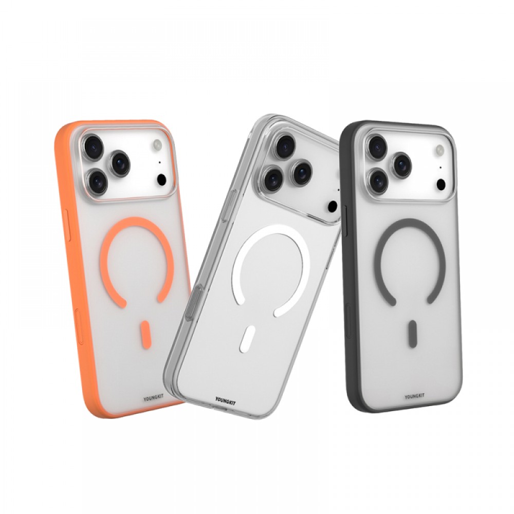 iPhone 17 Pro Max MagSafe uyumlu Youngkit Clear serisi şeffaf mat arka yüzeyli renkli çerçeveli telefon kılıfı