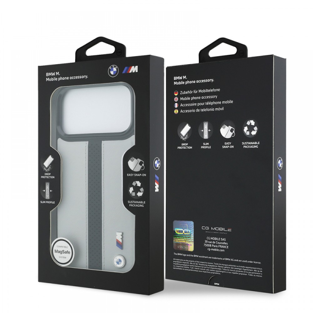 iPhone 17 Pro BMW orijinal lisanslı MagSafe uyumlu deri arka yüzeyli metal logolu delikli şerit tasarımlı telefon kılıfı