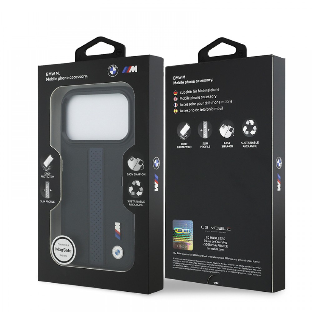 iPhone 17 Pro BMW orijinal lisanslı MagSafe uyumlu deri arka yüzeyli metal logolu delikli şerit tasarımlı telefon kılıfı