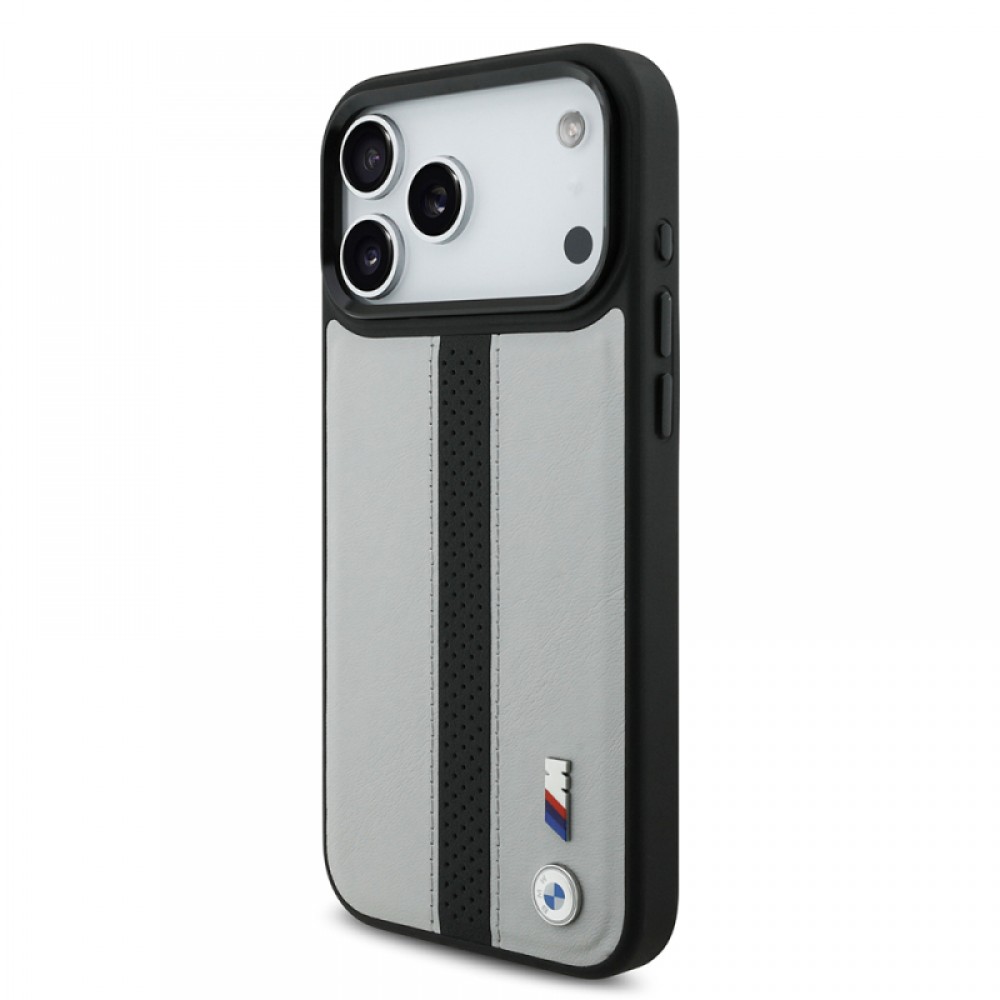 iPhone 17 Pro BMW orijinal lisanslı MagSafe uyumlu deri arka yüzeyli metal logolu delikli şerit tasarımlı telefon kılıfı