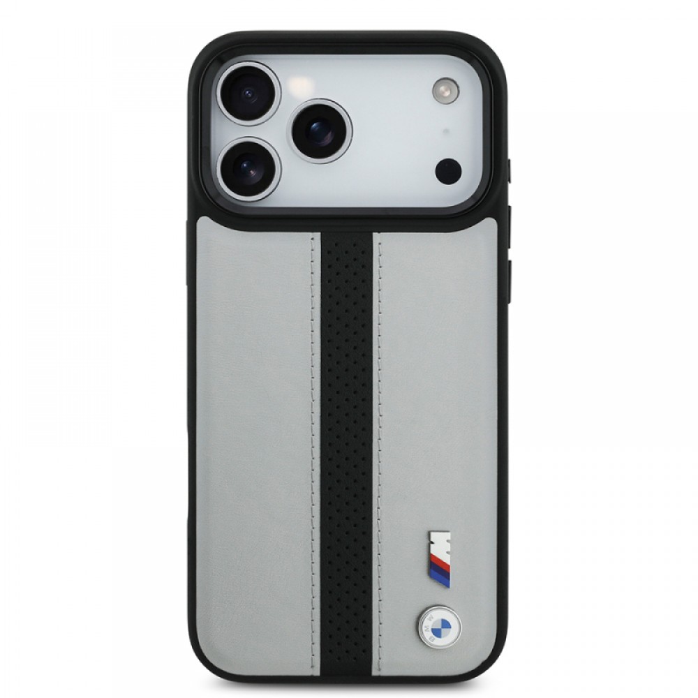 iPhone 17 Pro BMW orijinal lisanslı MagSafe uyumlu deri arka yüzeyli metal logolu delikli şerit tasarımlı telefon kılıfı