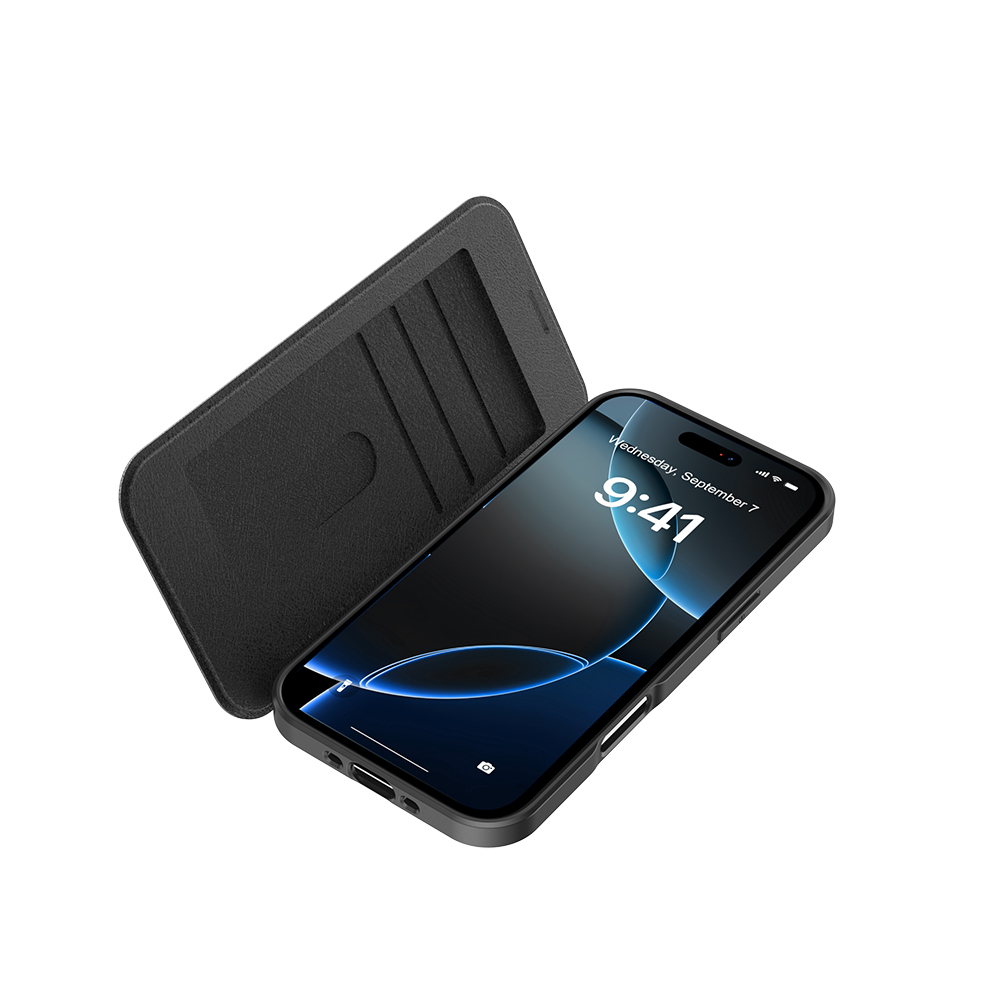 iPhone 17 Air Raptic Air Folio MagSafe uyumlu şeffaf arka kartlıklı kapaklı deri görünümlü koruyucu telefon kılıfı