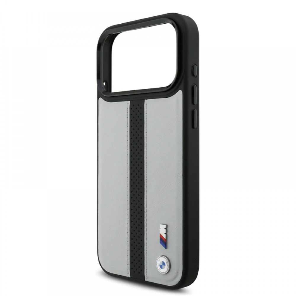 iPhone 17 Pro BMW orijinal lisanslı MagSafe uyumlu deri arka yüzeyli metal logolu delikli şerit tasarımlı telefon kılıfı