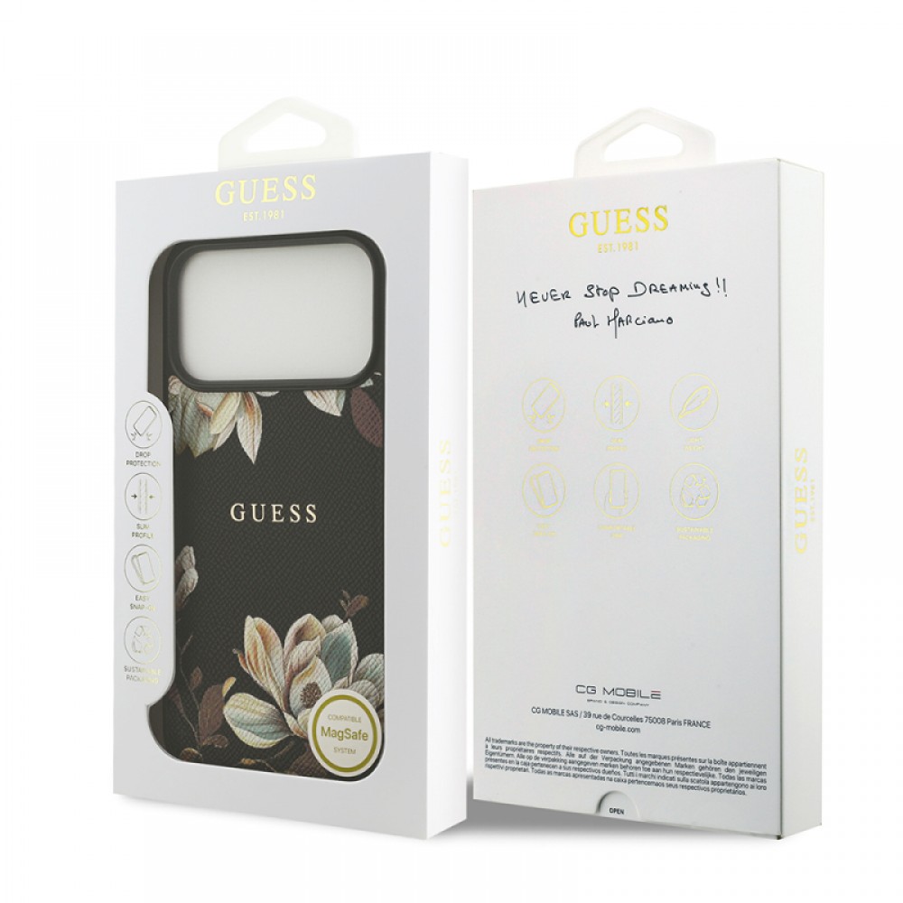 iPhone 17 Pro Max Guess orijinal lisanslı MagSafe uyumlu çiçek desenli metal logolu telefon kılıfı
