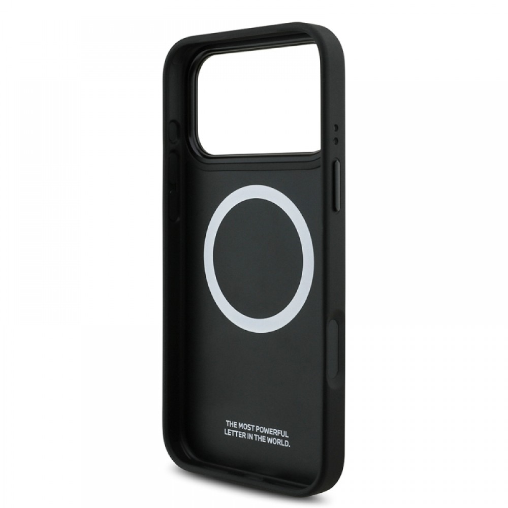 iPhone 17 Pro BMW orijinal lisanslı MagSafe uyumlu deri arka yüzeyli metal logolu delikli şerit tasarımlı telefon kılıfı