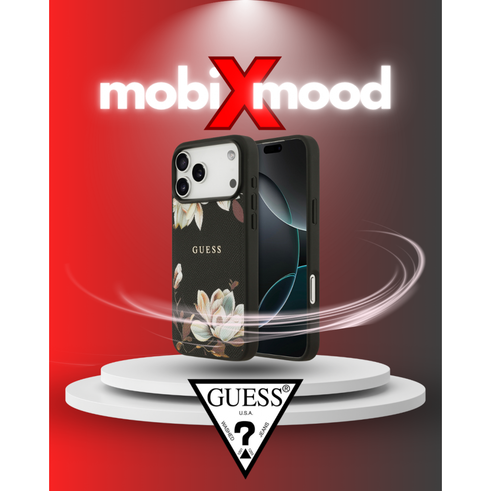 Apple iPhone 17 Pro Max Kılıf | Guess Orijinal Lisanslı | MagSafe Şarj Özellikli Taneli Çiçek Tasarımlı Metal Yazı Logolu Kapak | MobixMood