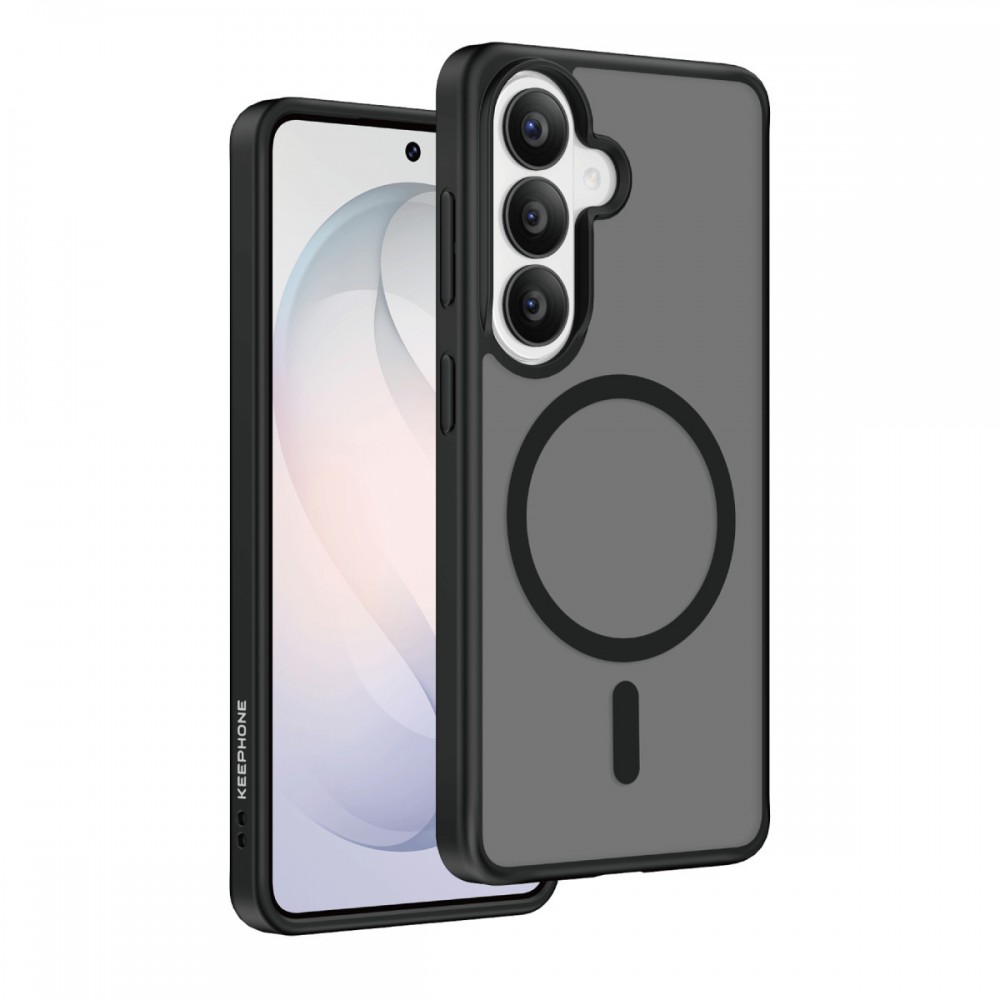 Samsung Galaxy S26 Keephone Mago Pro Magsafe kılıf mat siyah askeri sınıf düşme korumalı hibrit yapı manyetik şarj uyumlu metal butonlu telefon kılıfı