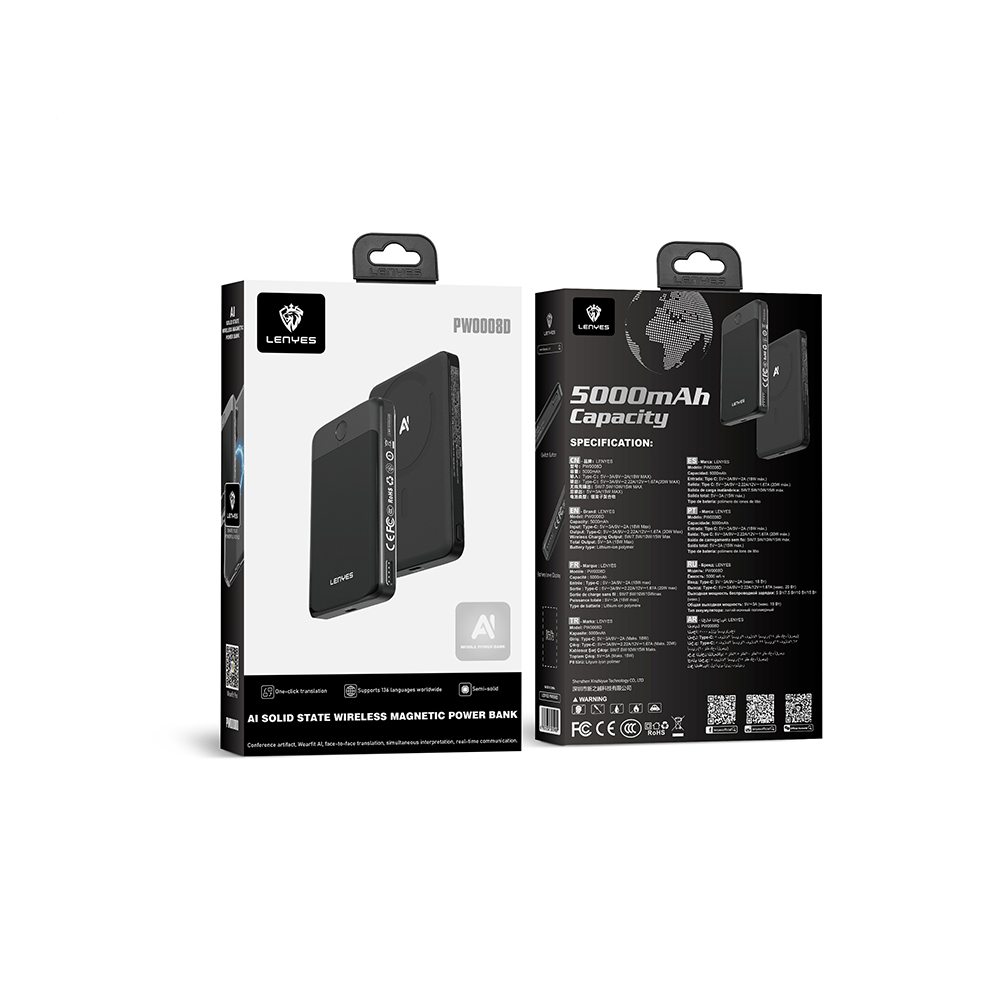 Lenyes PW0008D PD 20W 136 Dilde AI Destekli Çeviri Özellikli LED Ekranlı Ultra İnce Wireless Powerbank 15W 5000mAh