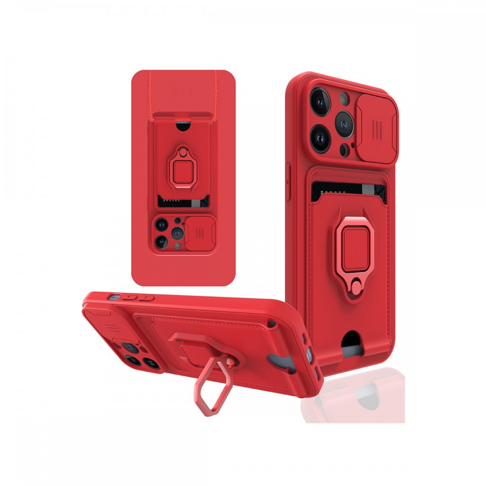 Apple iPhone 13 Pro Kılıf | Newface Zuma Serisi | Kart Bölmeli Sürgülü Kamera Korumalı Yüzüklü Silikon Kapak | MobixMood