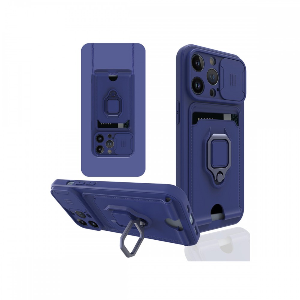 iPhone 13 Pro Newface Zuma serisi kart bölmeli sürgülü kamera korumalı metal yüzük standlı mat silikon darbe emici telefon kılıfı